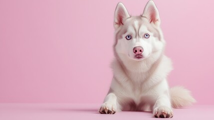 husky with piercing blue eyes sitting on a pastel lilac background, its thick fur catching the light as it stares intently forward