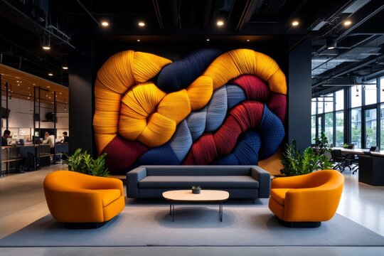 A large-scale art installation of woven textiles, creating a tactile and colorful backdrop in a modern co-working space