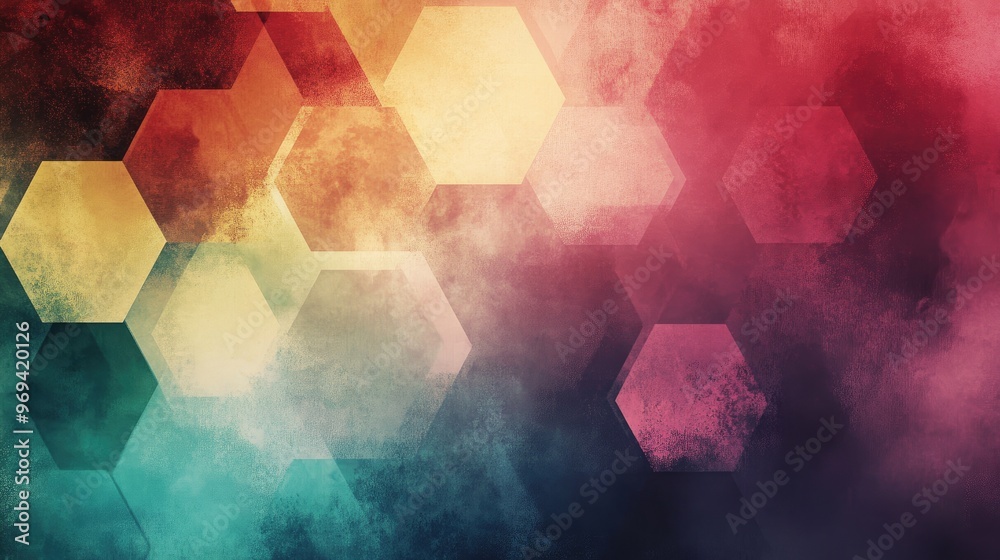 Poster digital art featuring layered hexagonal shapes with varying opacity, creating a sense of movement an