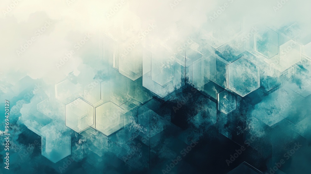 Poster digital art featuring layered hexagonal shapes with varying opacity, creating a sense of movement an