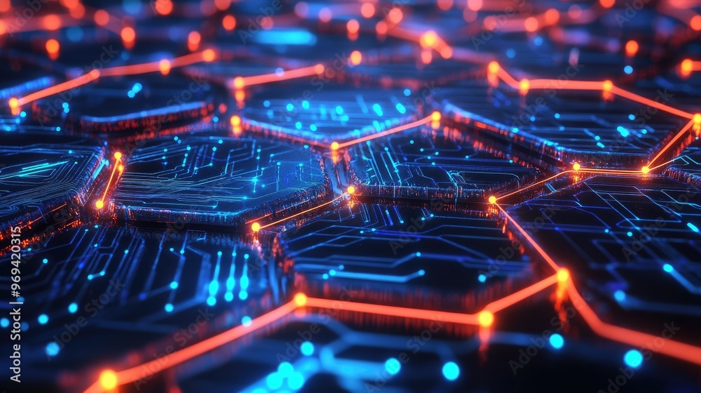Poster digital illustration of hexagonal data nodes interconnected, symbolizing digital networks and data f