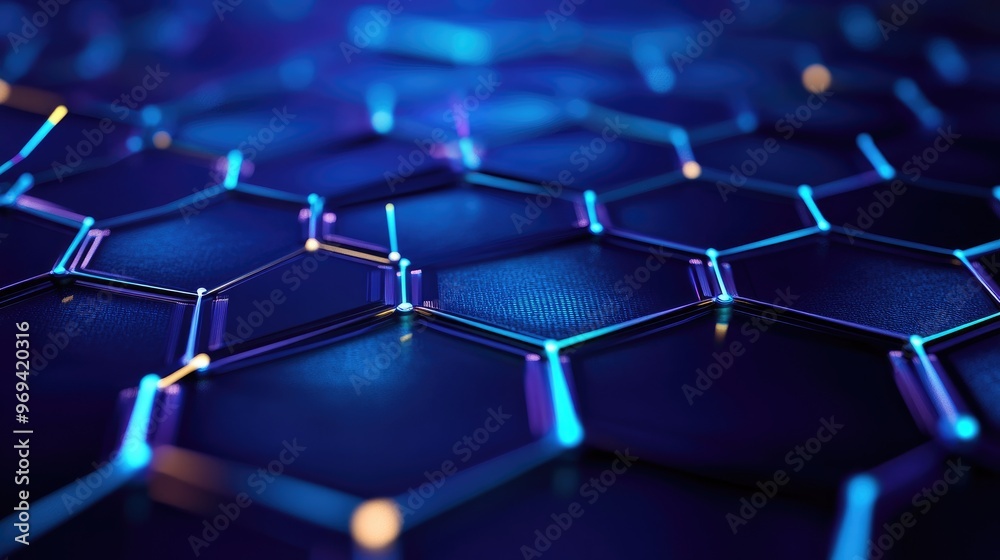 Poster digital illustration of hexagonal data nodes interconnected, symbolizing digital networks and data f