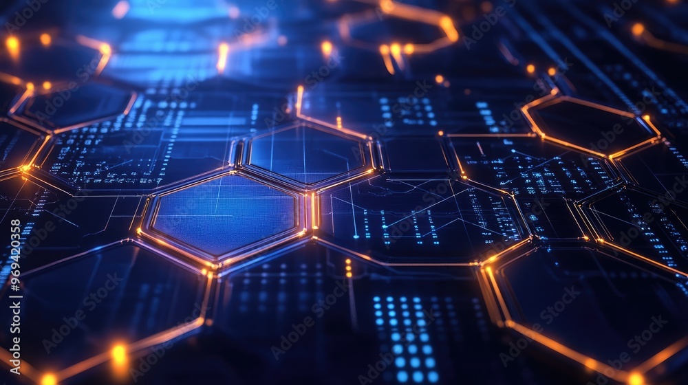 Poster digital illustration of hexagonal data nodes interconnected, symbolizing digital networks and data f