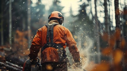 Naklejka premium A man in an orange jacket is cutting down trees with a chainsaw