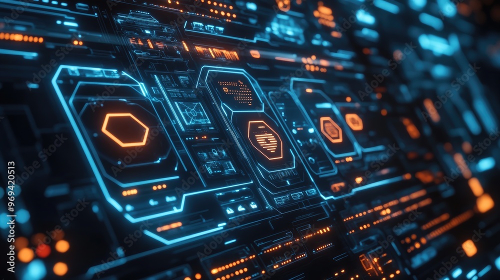 Poster digital screen interface with glowing hexagonal icons, representing smart technology and user-friend