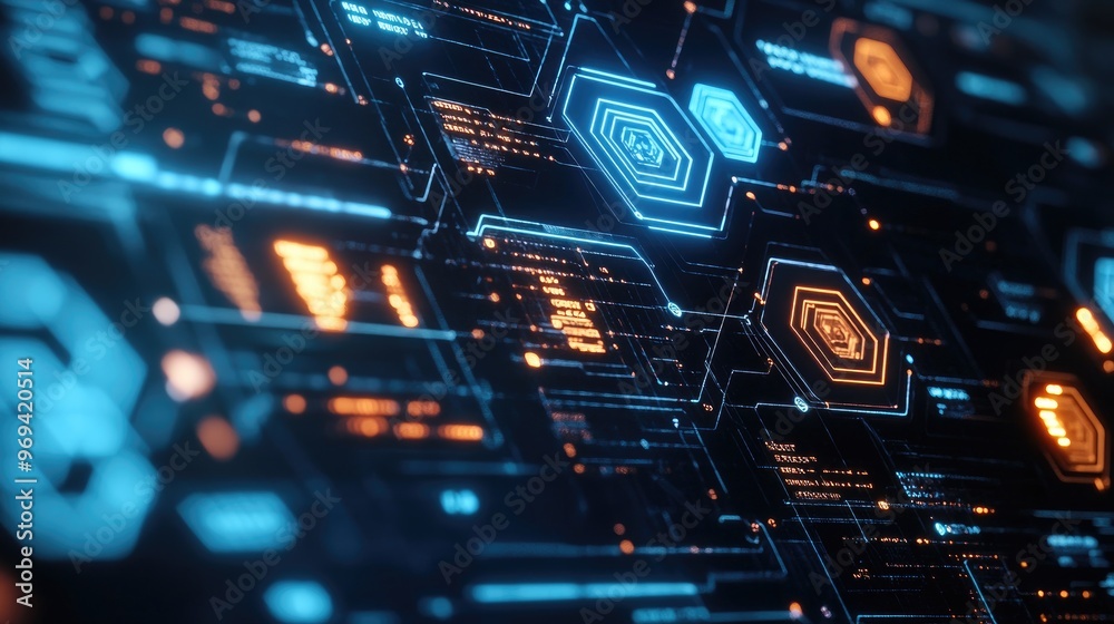 Poster digital screen interface with glowing hexagonal icons, representing smart technology and user-friend