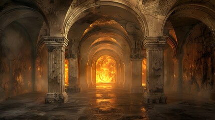 Limestone arches with fire in ancient classical designs