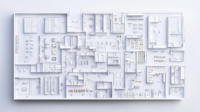 A detailed architectural model depicting a complex layout of spaces, showcasing modern design and meticulous craftsmanship.