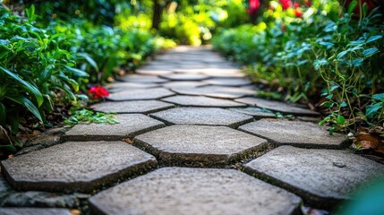 Hexagonal paving stones in a garden path, combining nature with geometric aesthetics for landscape design a3