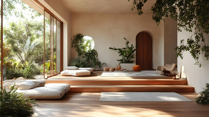 A serene interior space with natural light, plants, and comfortable seating for relaxation.
