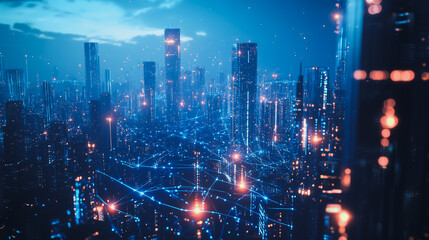 Obraz premium Smart digital city with connection cyber security network reciprocity over the cityscape . future smart wireless digital city and social media networking systems that connects people within the city