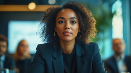 Obraz premium A woman with curly hair is sitting at a table with other people