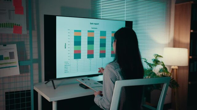 Businesswoman is standing in her office at night, presenting a sales report displayed on a large monitor. She is using a laser pointer to highlight key figures