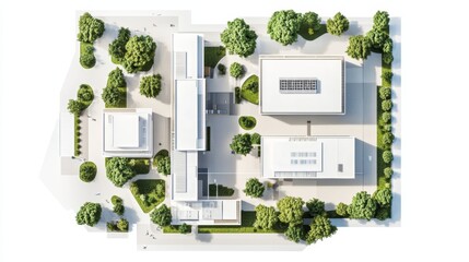 Aerial view of a modern architectural complex surrounded by lush greenery, showcasing innovative design and landscaping.