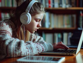 Focused Student, Laptop, Music, Homework
