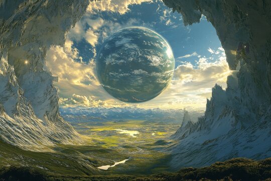 Celebration of the winter solstice, celestial body in motion, expansive view of the terrain, concept for the spring equinox