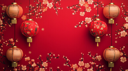 Red background with Chinese New Year decorations, including plum blossoms and lanterns, in a flat style. 3D rendering with a simple design and high resolution, Generative AI