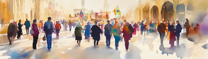 Fototapeta premium A vibrant city scene showcasing a diverse crowd moving through a bustling street, illuminated by bright sunlight.