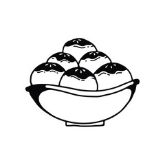 hand-drawn illustration in black and white of a bowl filled with round dessert pastries.