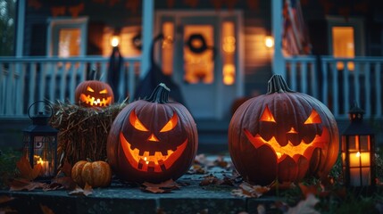 Fototapeta premium Three pumpkins with scary faces are on a porch