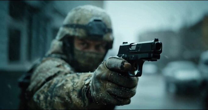 A heavily armed soldier in tactical gear shooting a gun in a snow-covered urban street.