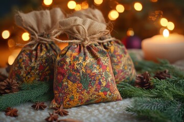 Yule winter solstice festivity (christmas) inspired enchanted spell pouches filled with various herbs and spices for dreamy rest beneath the pillow. Delightful setting with greenery
