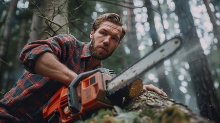 A man is cutting a tree with a chainsaw