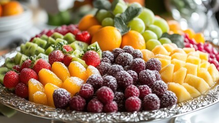 Sugar-coated fruits arranged artistically on a platter, ready for a gourmet dessert presentation