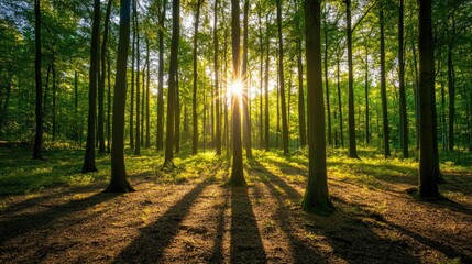 Obraz premium Sunlight streaming through a forest canopy, casting dappled shadows on the ground, creating a serene natural scene