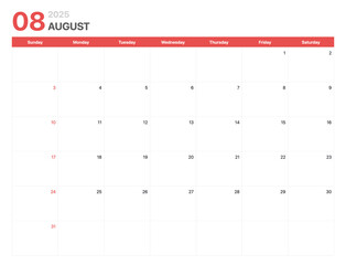 Calendar 2025. Calendar week 2025 starts on Sunday. Corporate minimalist clean calendar for August 2025