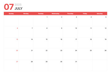 Calendar 2025. Calendar week 2025 starts on Sunday. Corporate minimalist clean calendar for July 2025