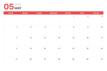 Calendar 2025. Calendar week 2025 starts on Sunday. Corporate minimalist clean calendar for May 2025