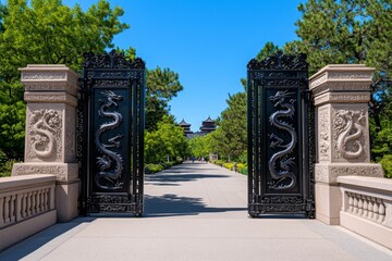 A pair of massive iron gates guarding the entrance to a fortress, their thick bars seemingly impenetrable, with dragons etched into the metal