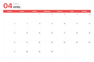 Calendar 2025. Calendar week 2025 starts on Sunday. Corporate minimalist clean calendar for April...