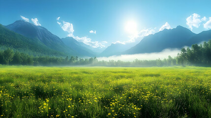 A serene landscape featuring mountains, a bright sun, and a field of flowers under a clear sky.