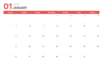 Calendar 2025. Calendar week 2025 starts on Sunday. Corporate minimalist clean calendar for January 2025