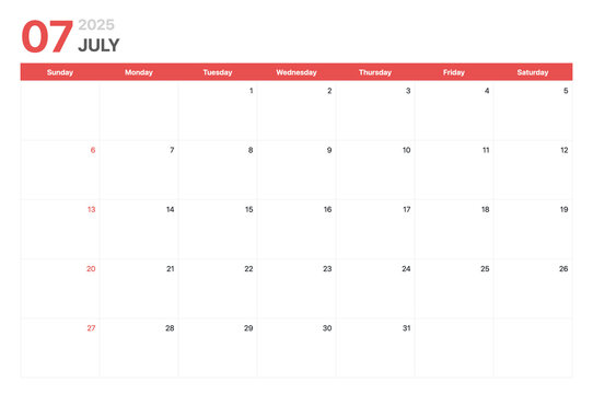 Calendar 2025. Calendar week 2025 starts on Sunday. Corporate minimalist clean calendar for July 2025