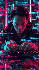 An individual types on a keyboard, immersed in coding, surrounded by illuminated screens displaying data in a high-tech atmosphere