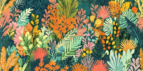 Seamless pattern tile background featuring colorful flowers, floral leaves, and plants, floral,