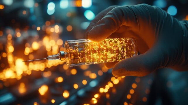 Gloved hand holding a glowing futuristic syringe