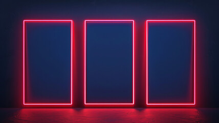 Three red neon glowing blank picture frames