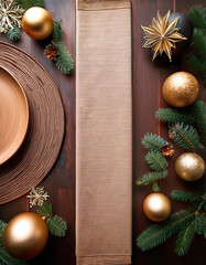 Beautiful and elegant top view of Christmas decoration on dark wood table with empty plate