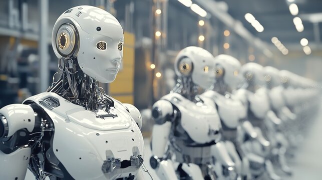 A group of AI-powered robots working together in a smart factory