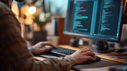 Person coding at desk with focused attention on screen