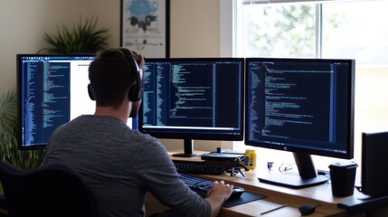 Focused coder working with three monitors in office.
