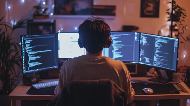 Coder immersed in a programming project with triple screens