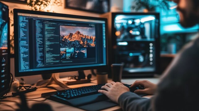 Person editing landscape images on desktop computer