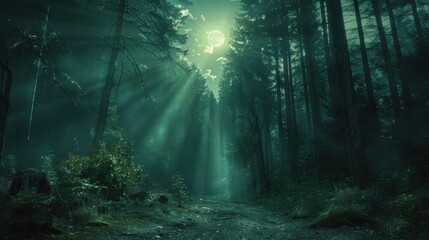 A forest at night with a full moon shining through the trees