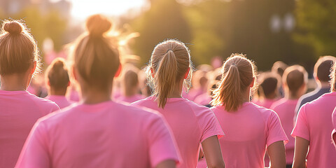 Group of people wearing pink shirts participating in a charity run or walk