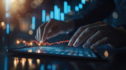 Hands using tablet to analyze data and graphs